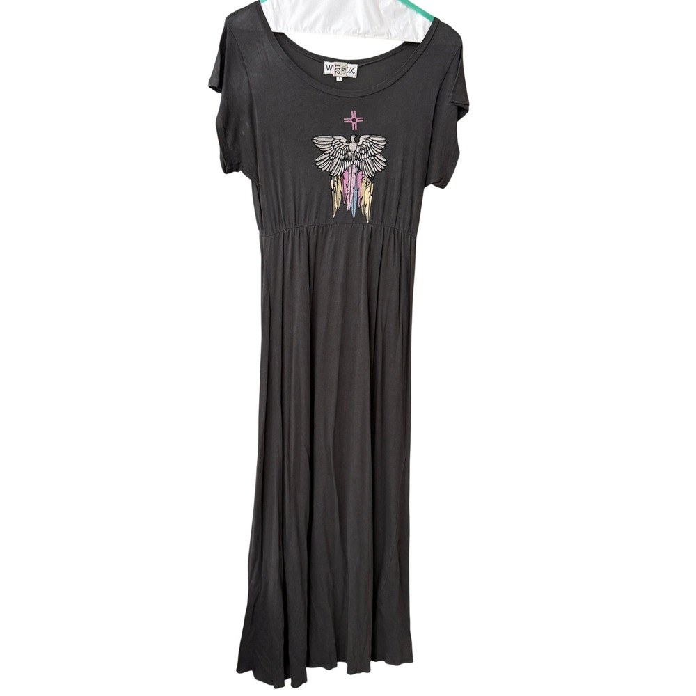Wildfox Thunderbird Zia Graphic Maxi Dress Size Small Charcoal Gray Cotton USA
